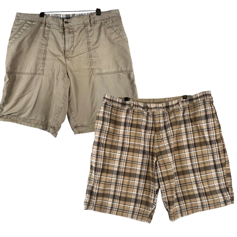 Mens Reversible Cargo Shorts Plaid Khaki Brown Blue Utility Pockets 40 42 Travel
